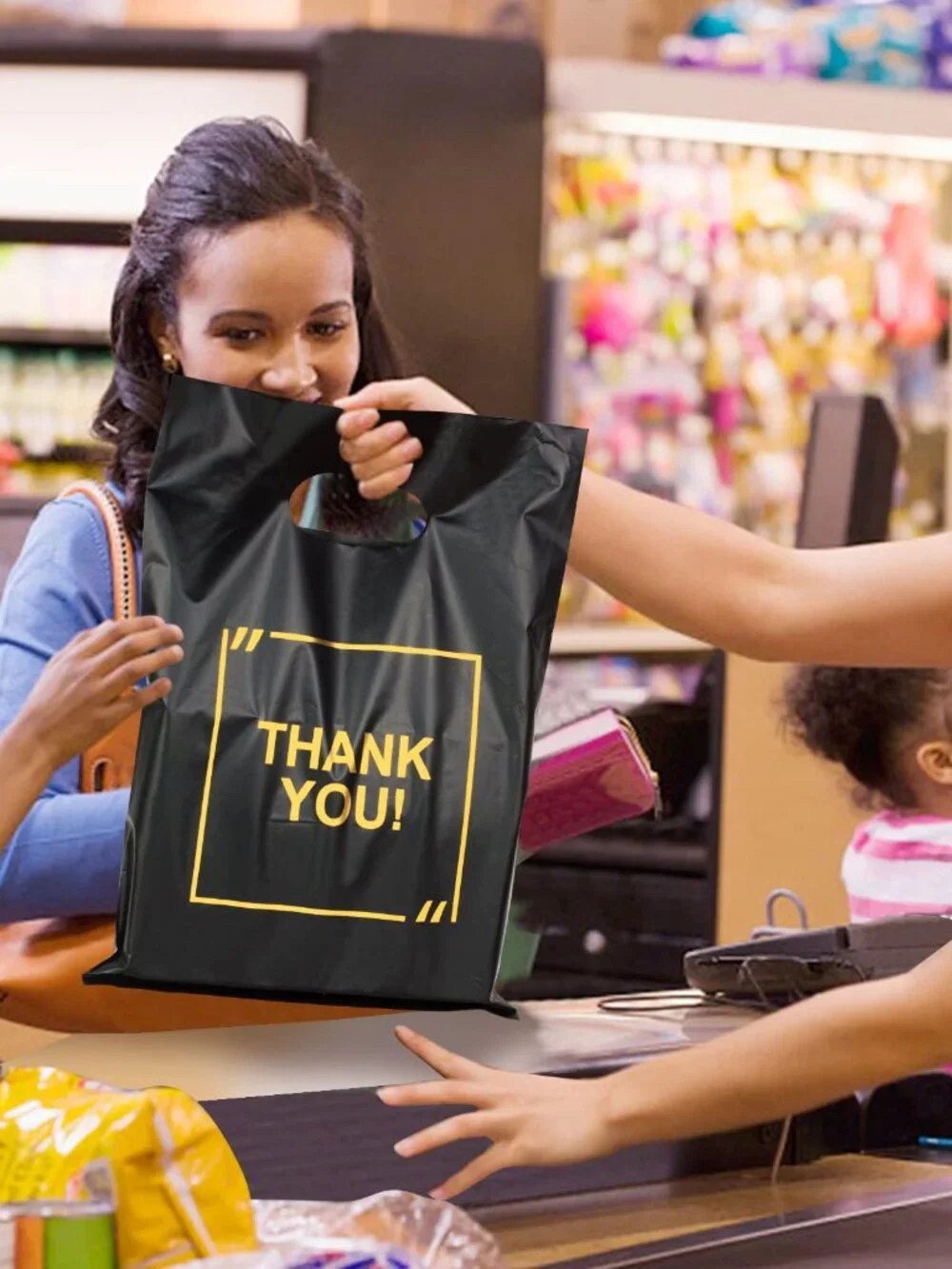50 Pack Die Cut Plastic Shopping Bags with Thank You Logo 9x12 Merchandise Bags